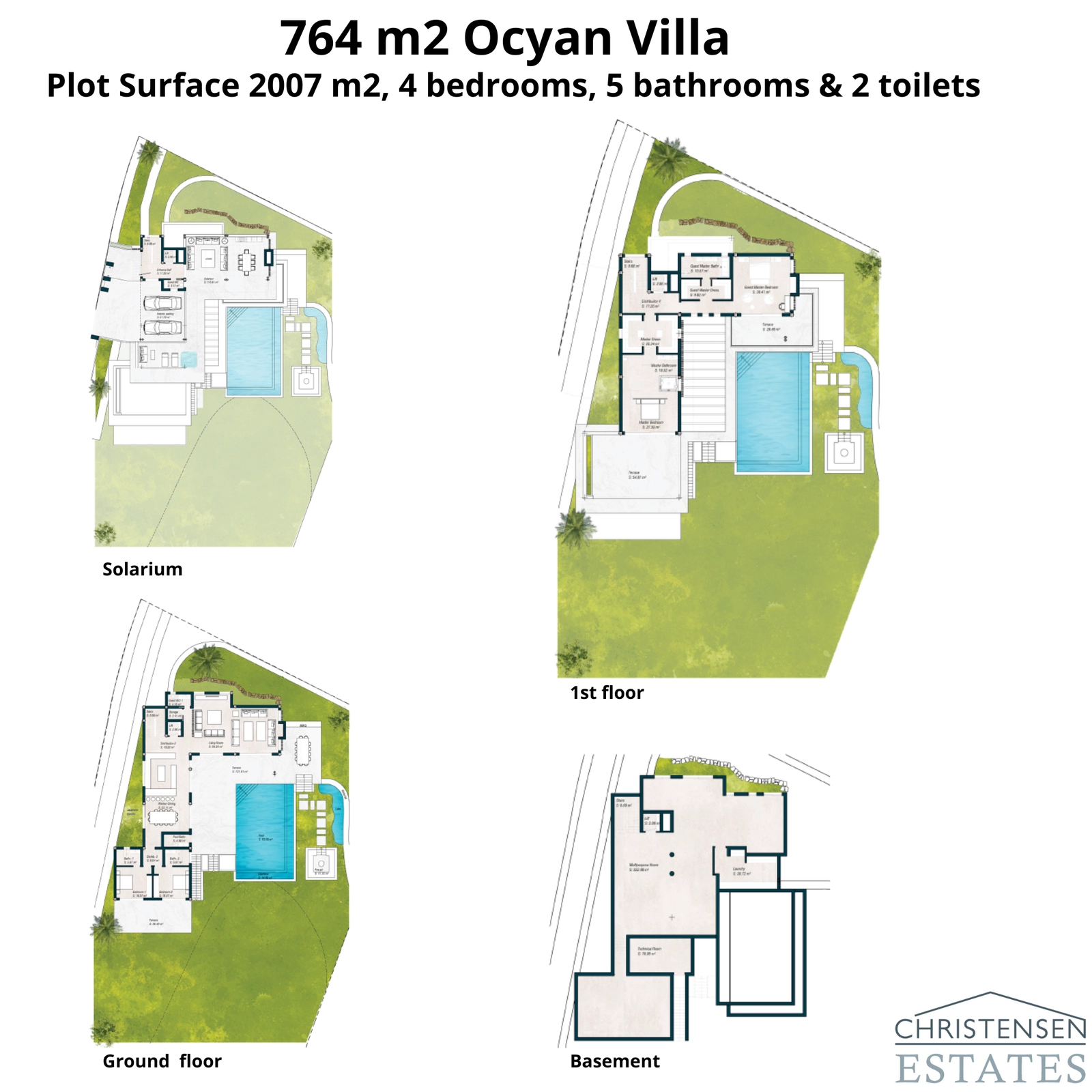 Layout för en rymlig villa på 764 m² på en 2007 m² stor tomt. Dessa planer illustrerar den generösa fördelningen av boendeytor och privata områden.