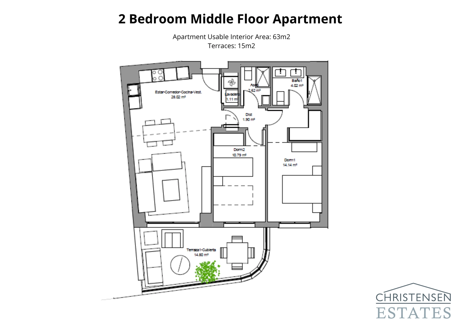 En välplanerad lägenhetsritning med två sovrum som visar smart användning av utrymme, där vardagsrummet ansluter till en generös terrass.