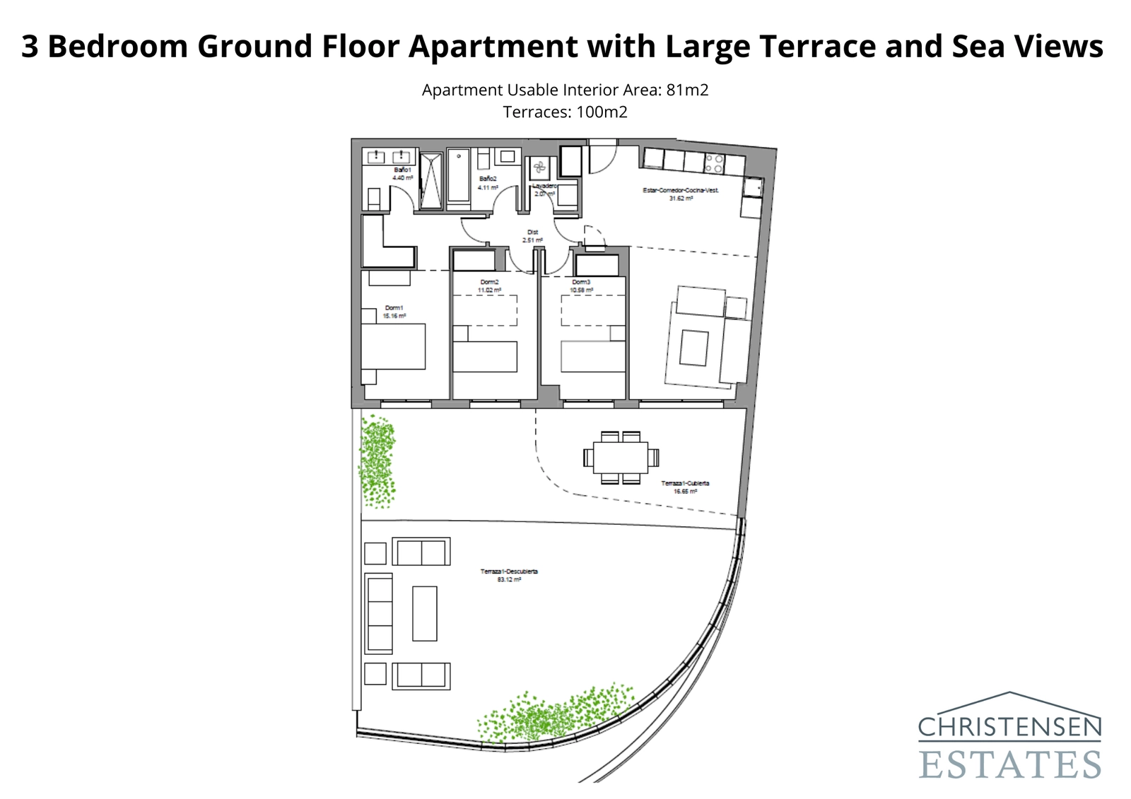 Rymlig bostad med tre sovrum på bottenvåningen med en exceptionellt stor terrass, perfekt för familjer och underhållning.
