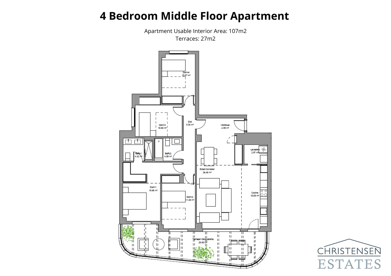 En omfattande planlösning med fyra sovrum som erbjuder gott om plats för komfort och en sömlös övergång till utomhusterrassen.