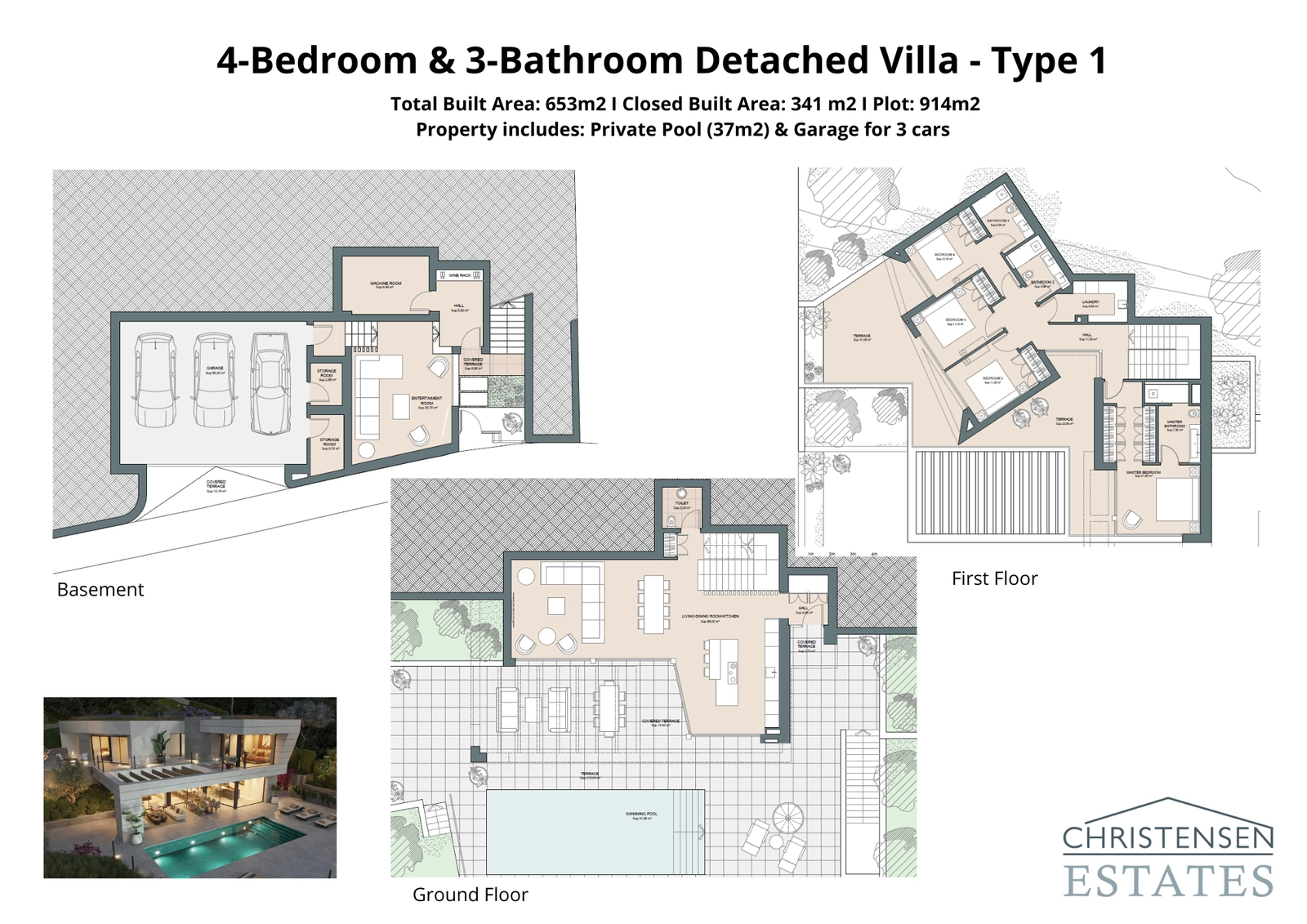 Denna villa med fyra sovrum har en rymlig källare med ett garage för tre bilar och ett sällskapsrum. Bottenvåningen öppnar direkt mot den stora terrassen och poolen, vilket skapar ett perfekt flöde för inomhus- och utomhusliv.