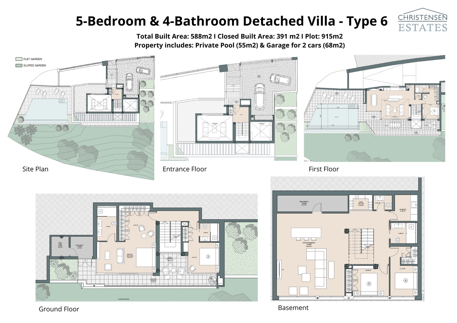 Utforska designen av denna bostad med fem sovrum, som erbjuder generösa vardagsrum över flera våningar. Planlösningen säkerställer avskildhet och komfort, med gott om plats för familj och gäster, kompletterat med en stor privat pool och trädgård.