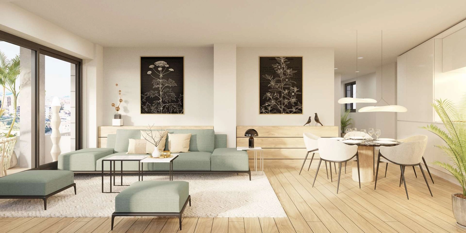 Ett elegant och ljust vardagsrum och matplats i öppen planlösning, designat för modern komfort och stil.