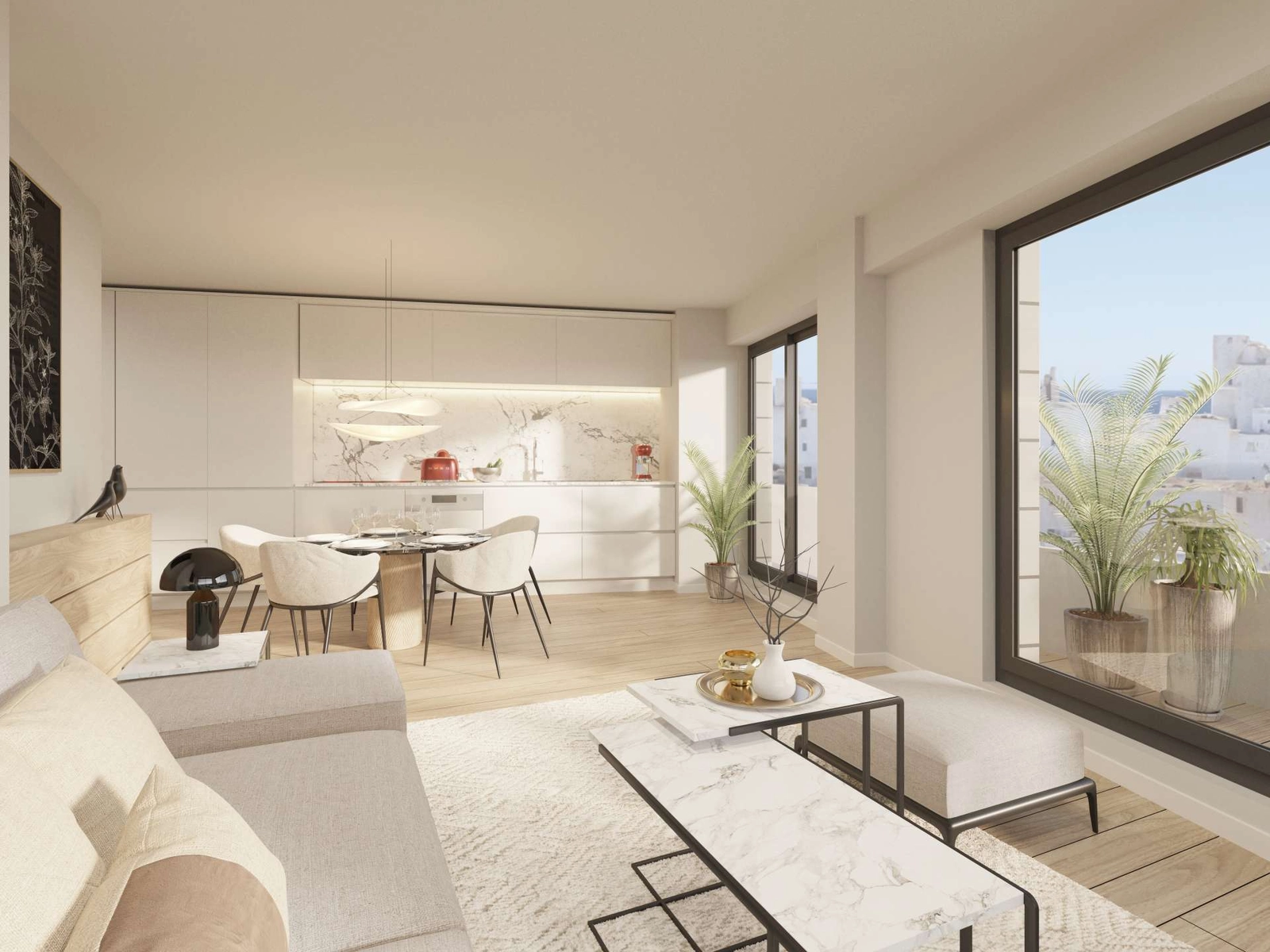 Det moderna köket är sömlöst integrerat i vardagsrummet och har högkvalitativa vitvaror och ytskikt.