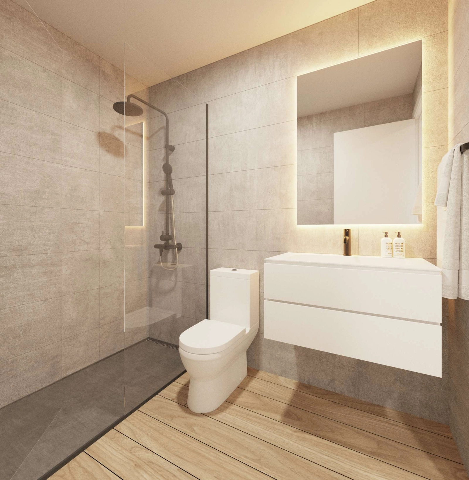 Ett modernt badrum med högkvalitativa material, en walk-in-dusch och stilren design.