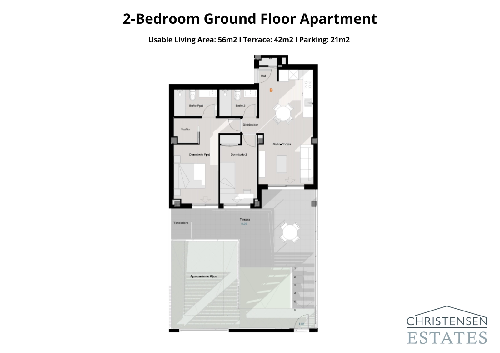 Planlösning för en tvårumslägenhet på bottenvåningen, med en rymlig terrass och direkt tillgång till utomhusytor.