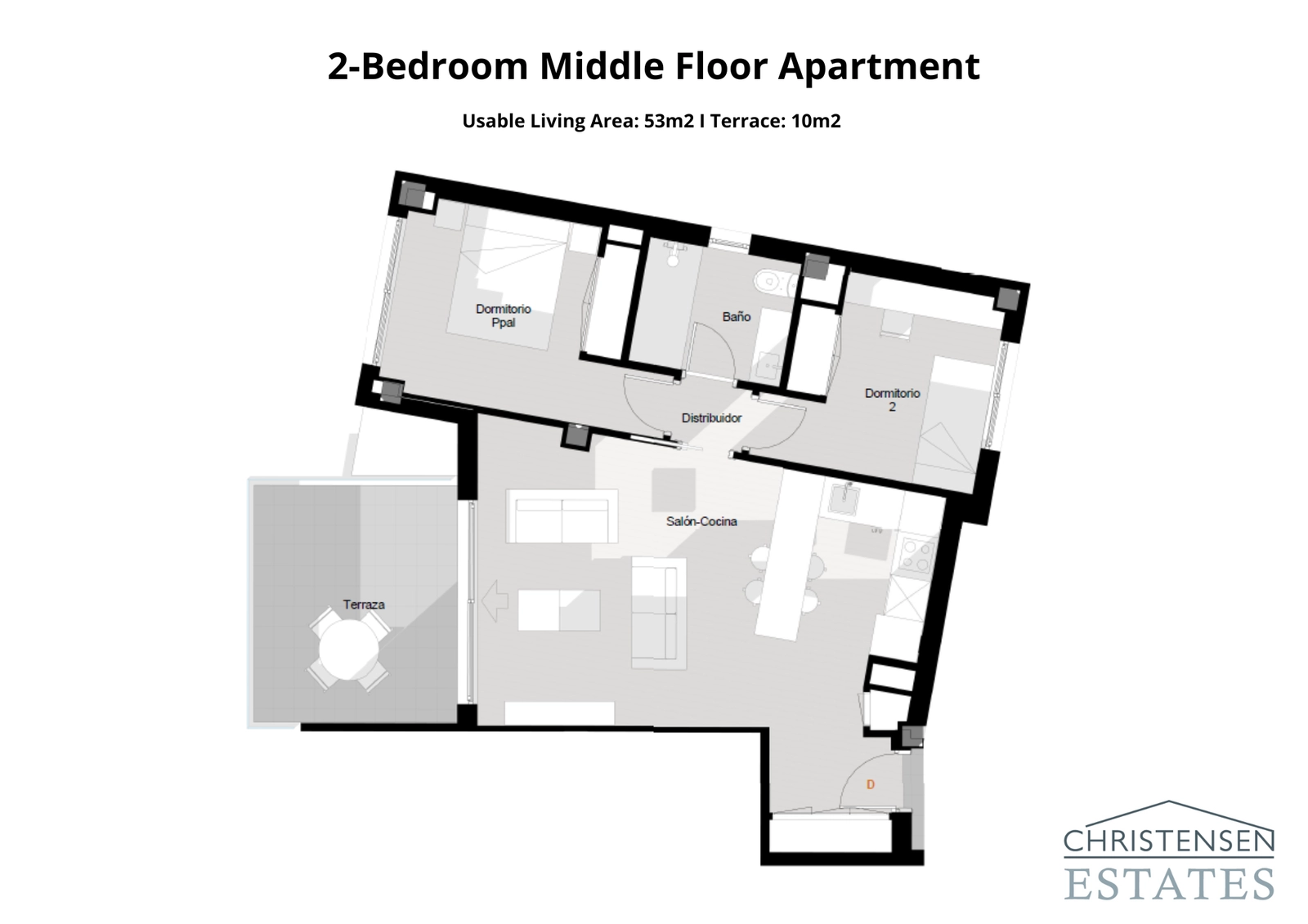Denna tvårumslägenhet har en effektiv planlösning som kombinerar vardagsrum, matplats och kök med en privat terrass.