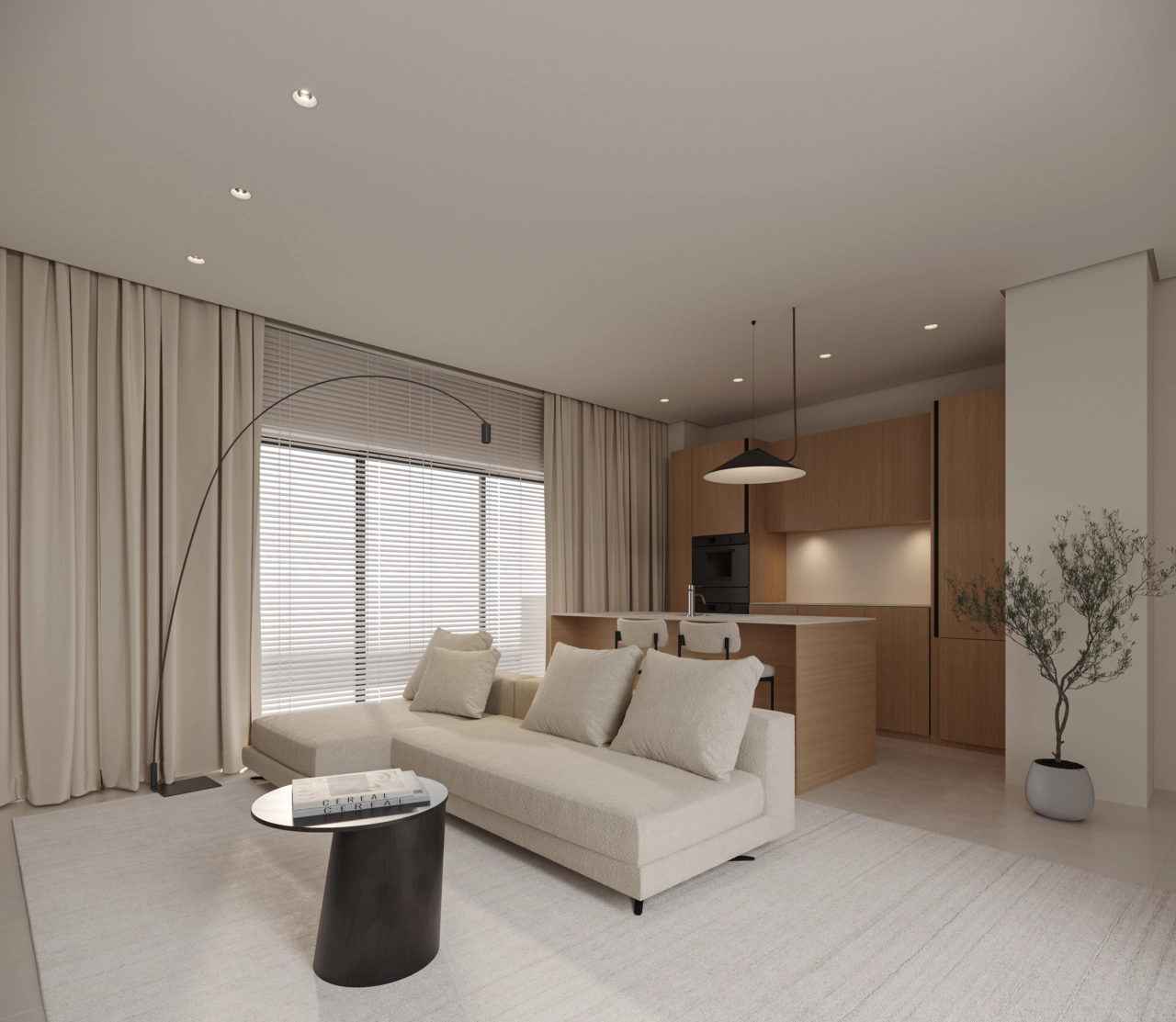 Ett stilfullt vardagsrum och kök, där rena linjer och naturliga material skapar en varm och inbjudande atmosfär.