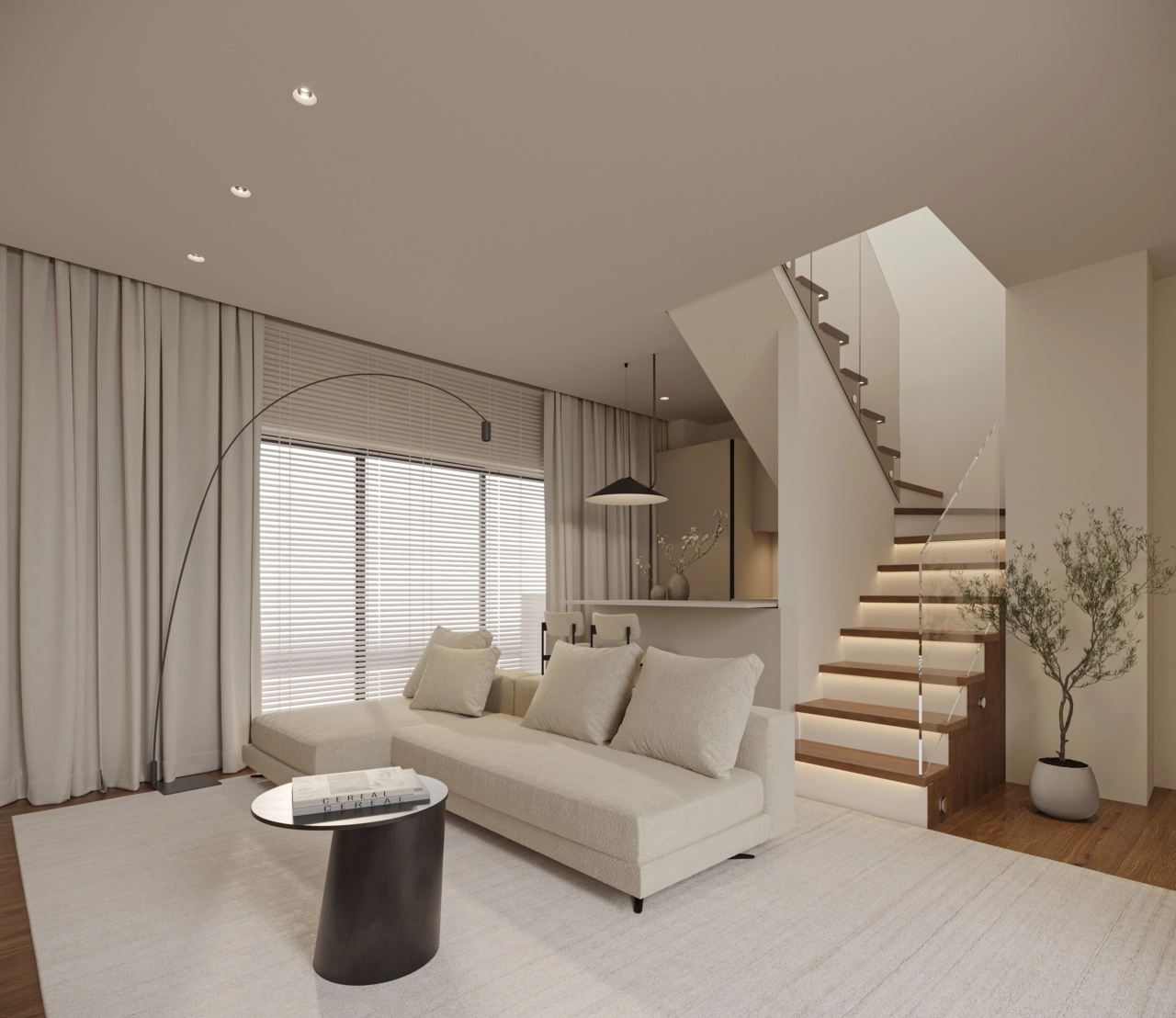 Elegant etagelägenhet med en modern trappa, som kombinerar funktionalitet med sofistikerad design.