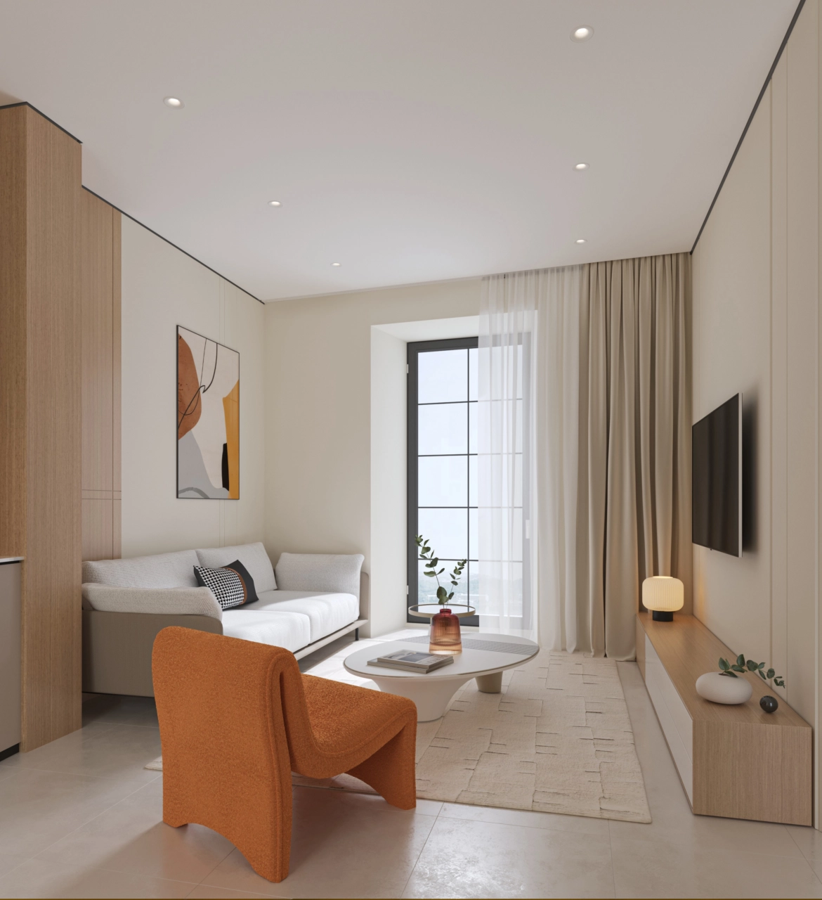 En bekväm och modern sällskapsyta fylld med naturligt ljus, perfekt för avkoppling.