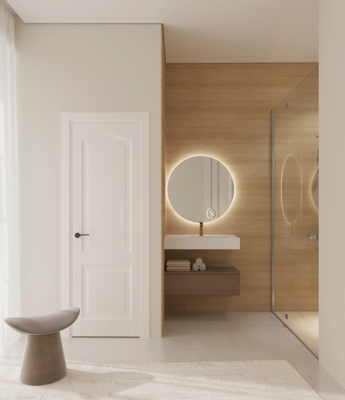 Ett elegant badrum en suite, med träliknande kakel och en stilren, belyst badrumsmöbel.