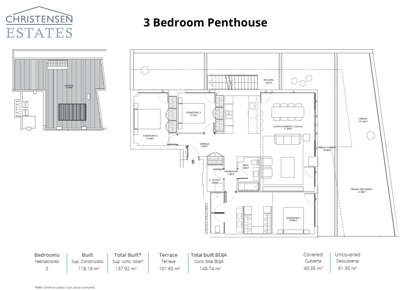 En exceptionell planlösning för en trerumspenthouselägenhet, komplett med en vidsträckt takterrass för det ultimata utomhuslivet.