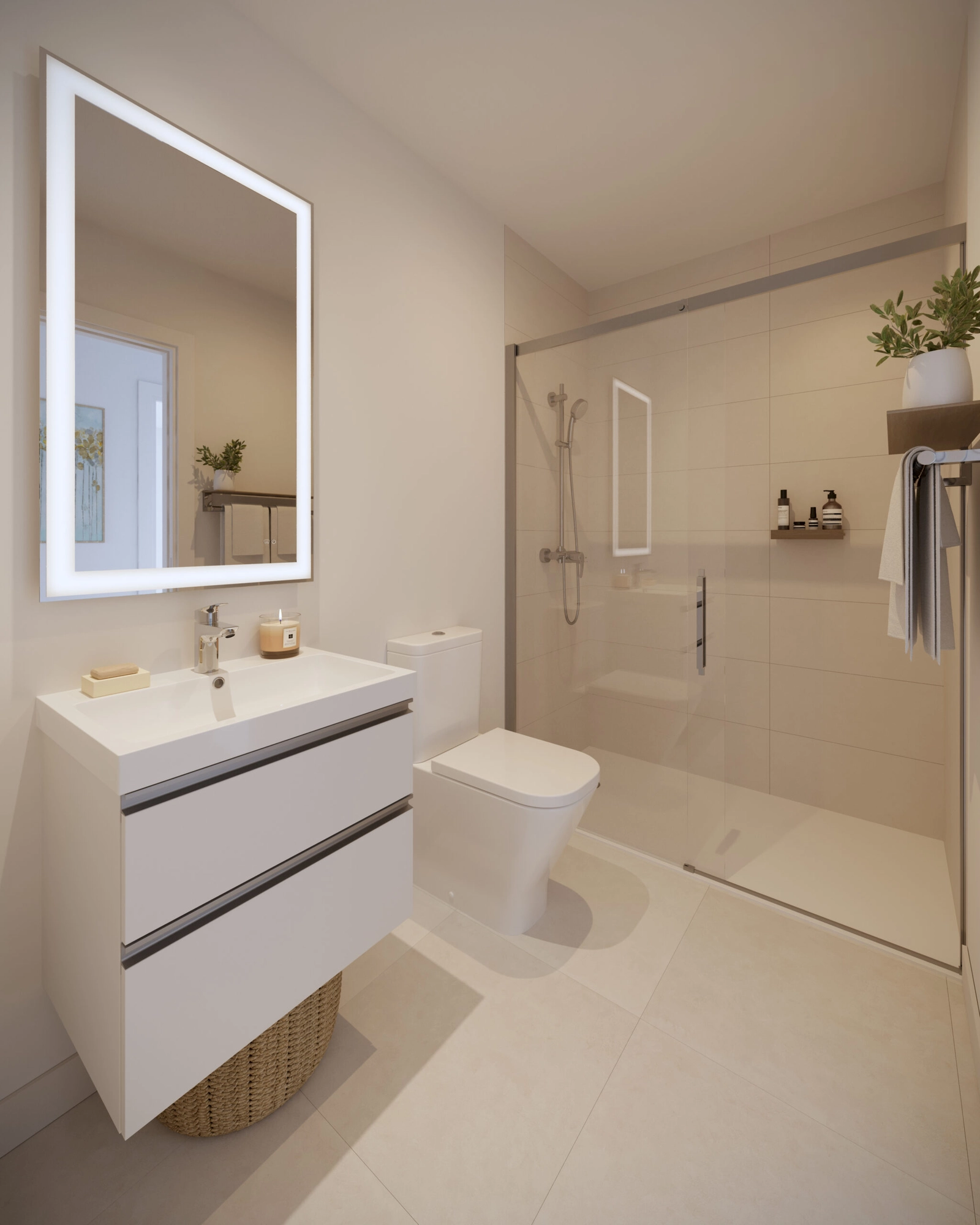 Ett modernt badrum med högkvalitativa inredningsdetaljer och en ren, fräsch design.