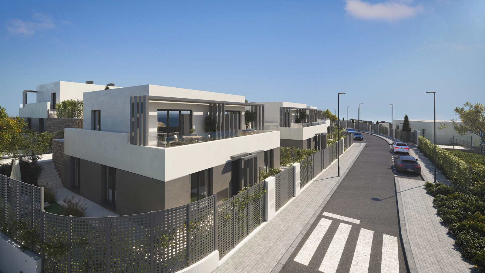 Samtida design och eleganta linjer definierar exteriören av dessa exklusiva parhus.