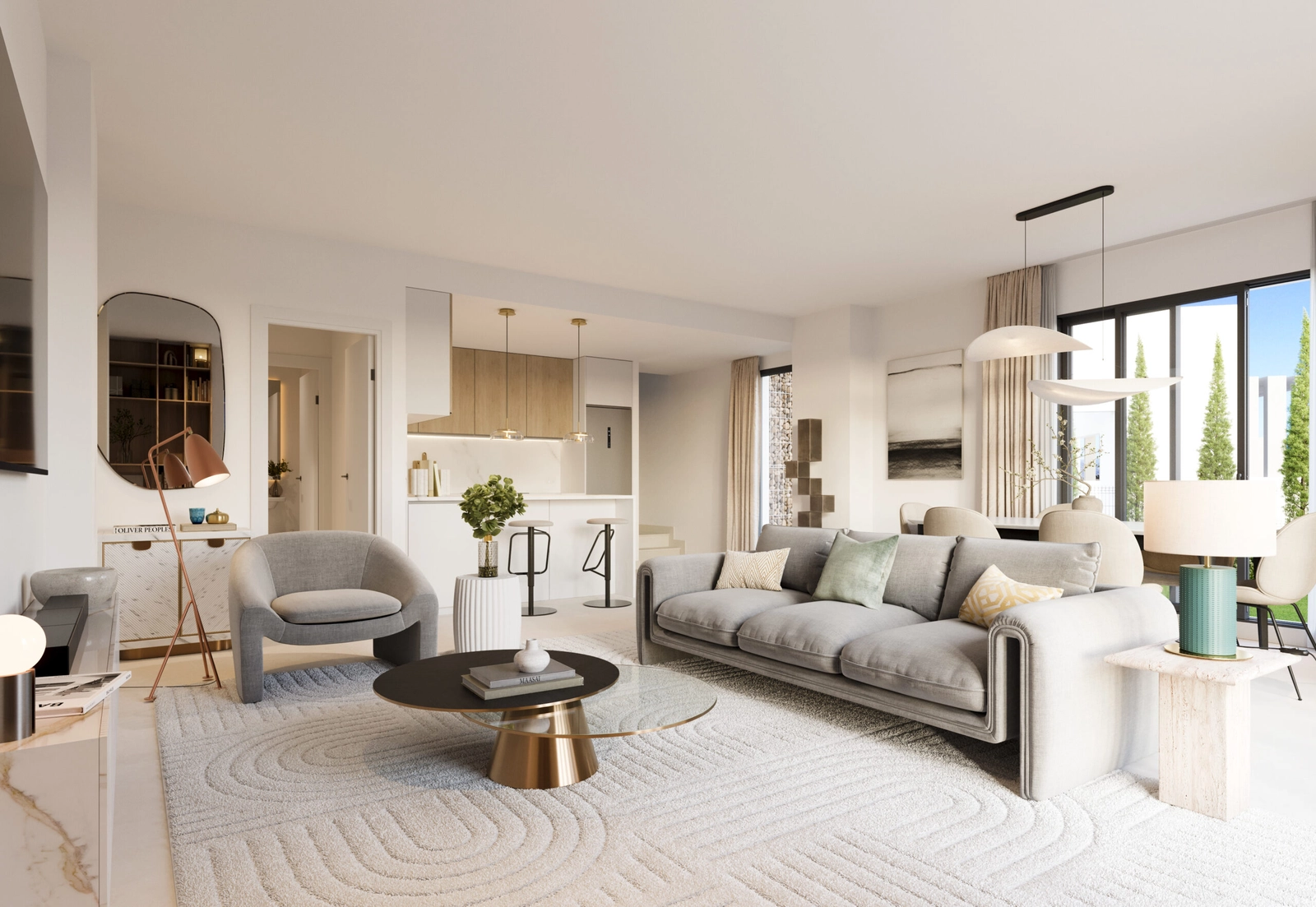 Ljusa och rymliga vardagsrum med öppen planlösning, vilket skapar en känsla av flöde och komfort.