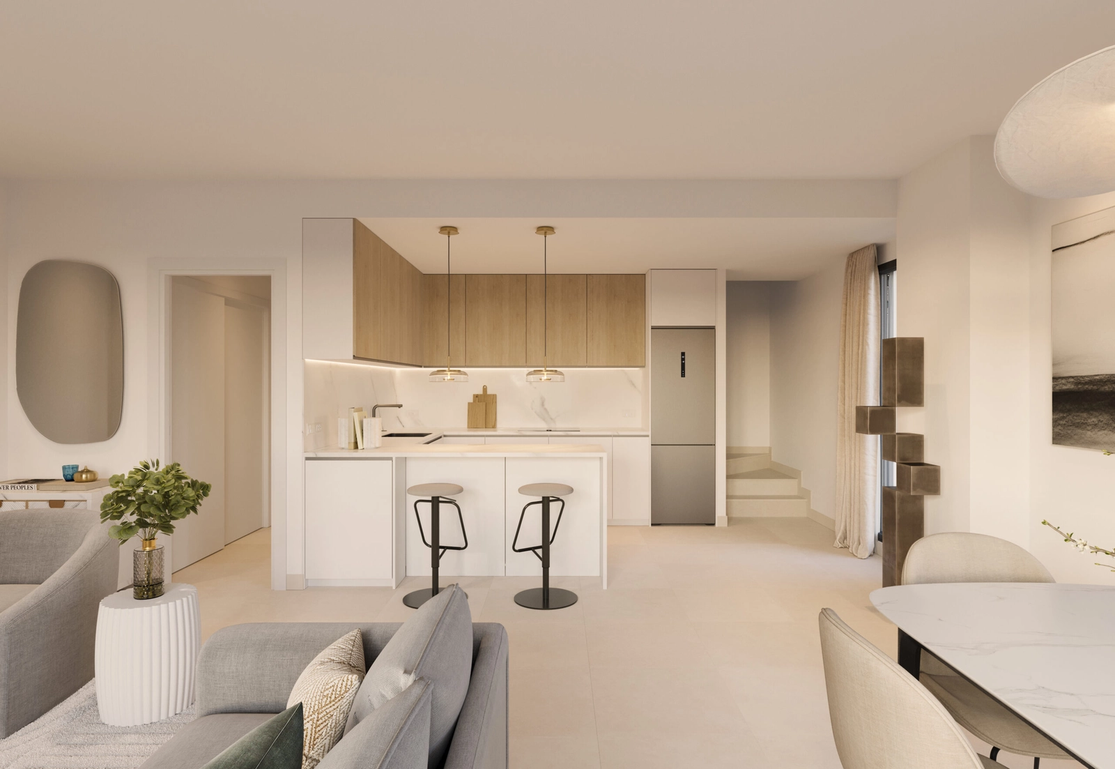 Ett modernt, fullt utrustat kök som är både funktionellt och vackert designat.