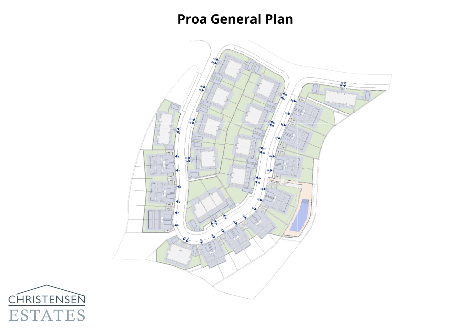 Områdesplanen för projektet, som illustrerar villornas placering, grönområden och den gemensamma poolen, allt designat för att skapa en harmonisk gemenskap.
