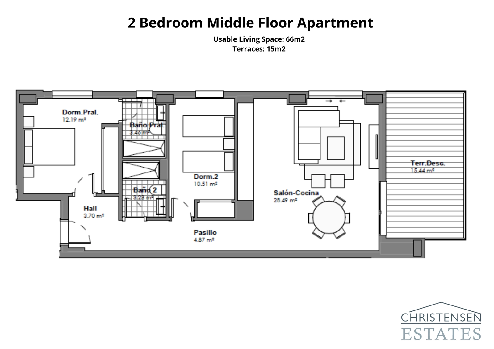 Denna planlösning med två sovrum visar en smart design med en öppen planlösning som ansluter till en generös privat terrass.