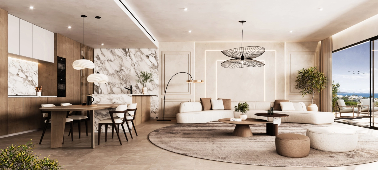 Sofistikerade interiörer med högkvalitativa material och rikligt naturligt ljus.