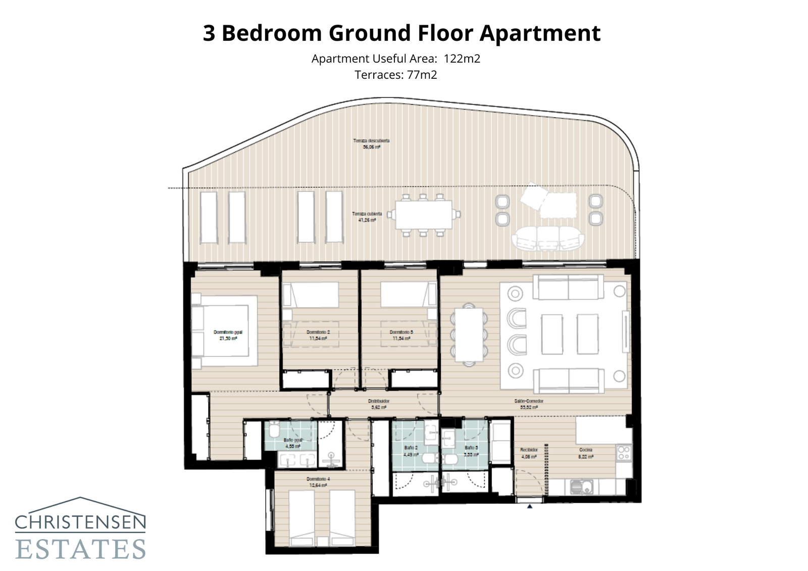 Denna tre-sovrumsbostad på bottenvåningen erbjuder stora sällskapsytor som öppnar sig direkt mot en stor terrass och privat trädgård.