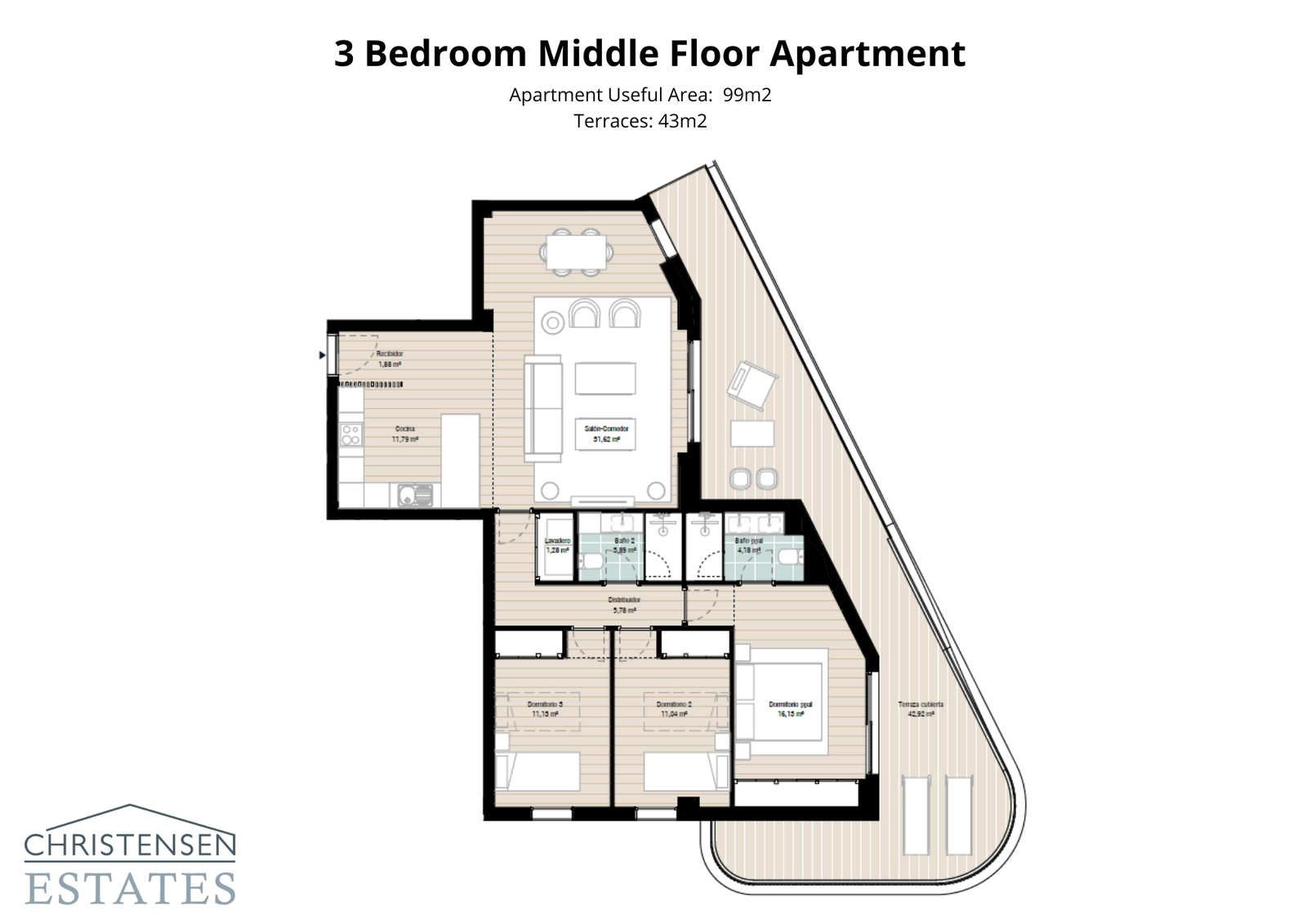 En intelligent designad lägenhetsplan med tre sovrum, med en generös terrass för att maximera inomhus- och utomhuslivsstilen.