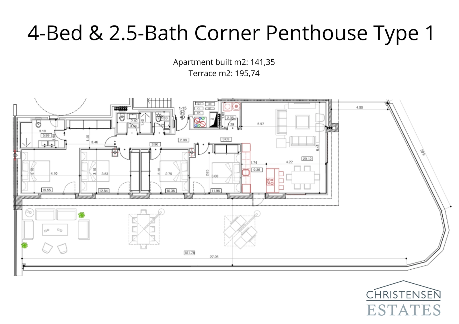 Rymlig hörntakvåning med 4 sovrum och en vidsträckt terrass på 195 m², idealisk för underhållning och att njuta av utsikten.