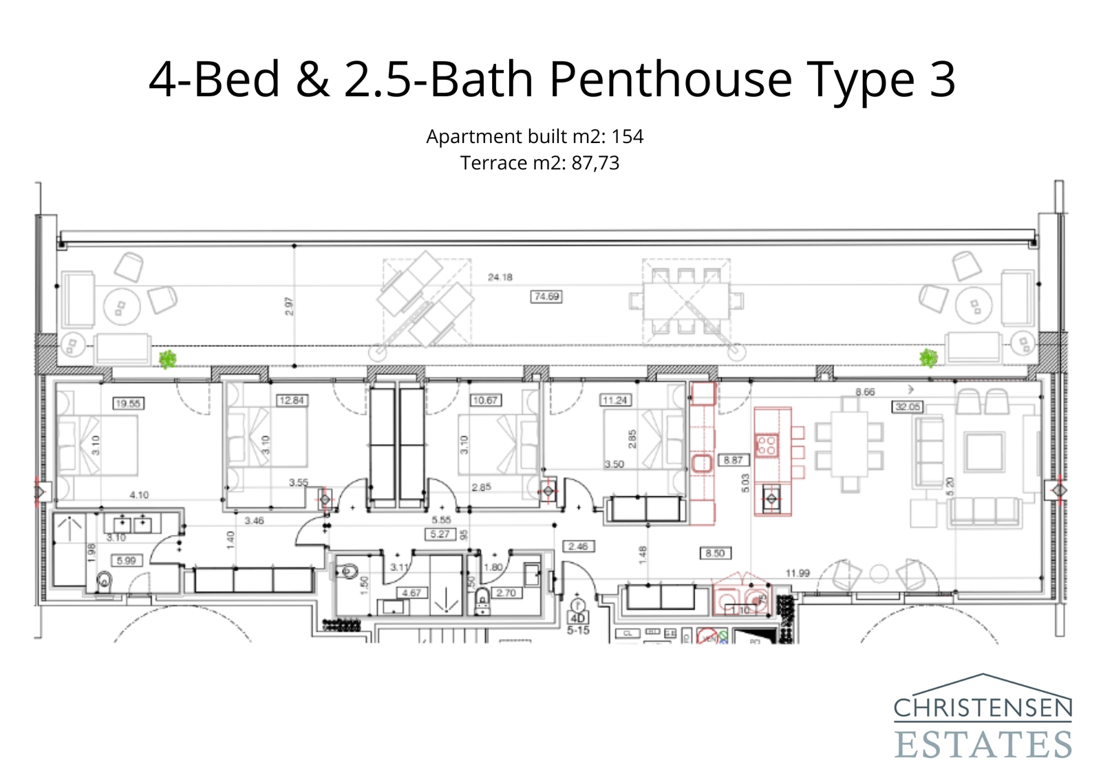 En elegant takvåning på 154 m² med 4 sovrum som erbjuder ett bekvämt flöde och en 87 m² stor terrass för utomhusliv.