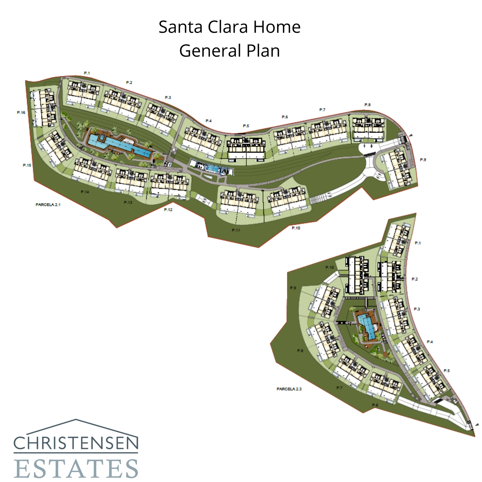 Planlösningen visar den genomtänkta utformningen av bebyggelsen, som maximerar utsikten, avskildheten och grönområdena för alla boende.