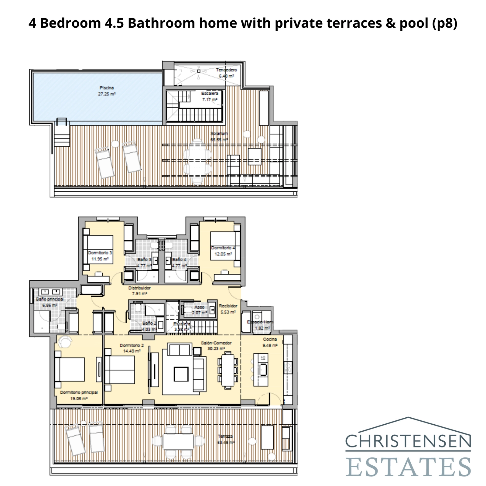 En elegant duplexlägenhet med fyra sovrum, flera terrasser och ett stort taksolarium med privat pool.