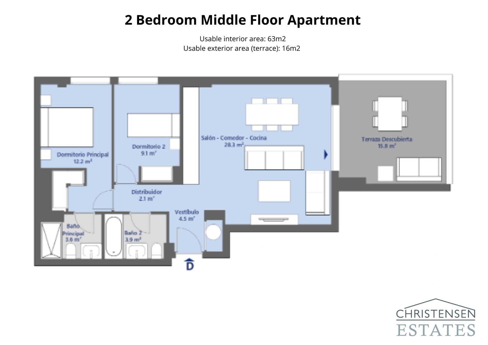Lägenhet på mellanvåningen med två sovrum – En effektiv och modern design med en öppen vardagsrumsdel som sträcker sig ut mot en vacker terrass.