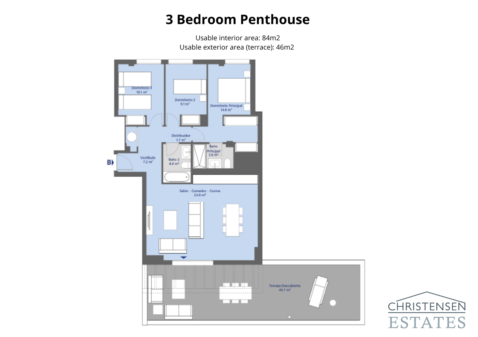Takvåning med tre sovrum – En lyxig planlösning som erbjuder gott om utrymme, tre bekväma sovrum och en stor terrass för att njuta av utsikten.