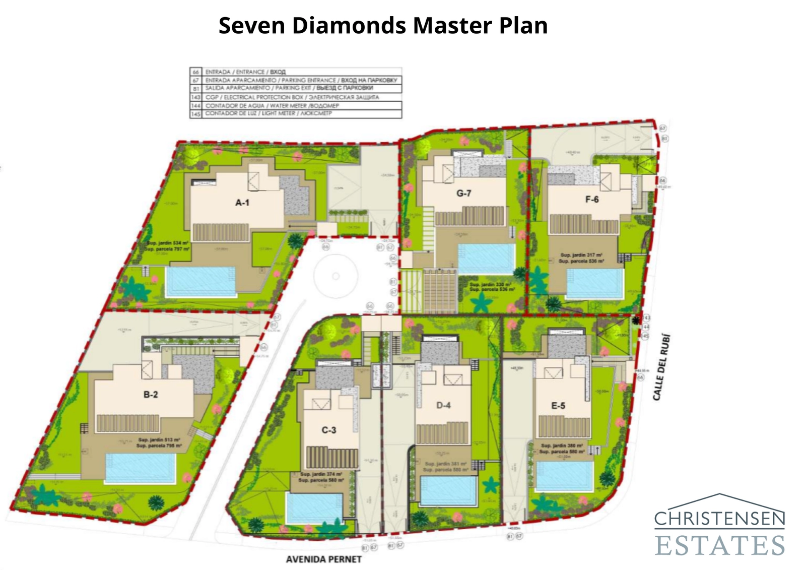 Översiktsplanen för området, som illustrerar den exklusiva och privata layouten för de sju unika villorna och deras tomter.