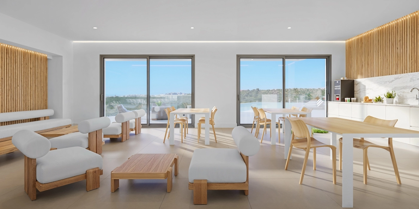 En bekväm co-working-yta för boende att arbeta eller koppla av i en lugn och professionell miljö.