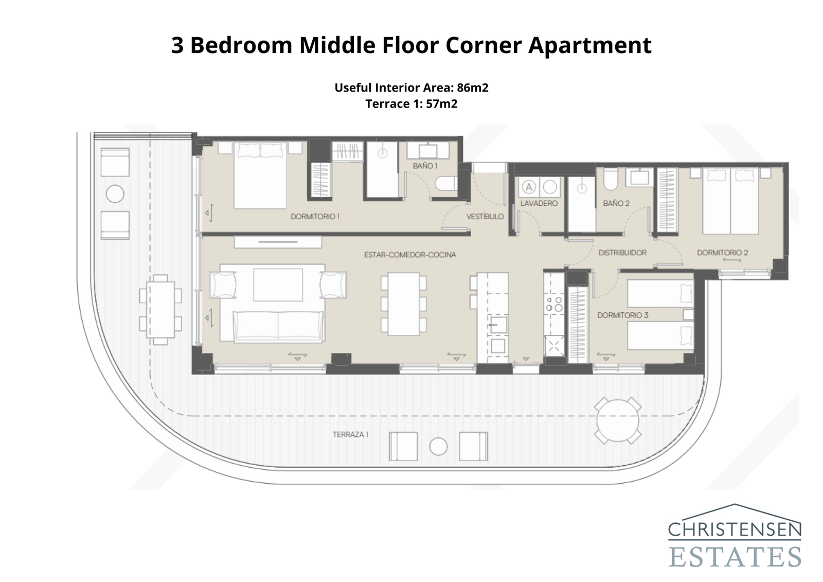 Denna hörnlägenhet på mellanplan maximerar ljus och utsikt med en stor terrass som sträcker sig runt.