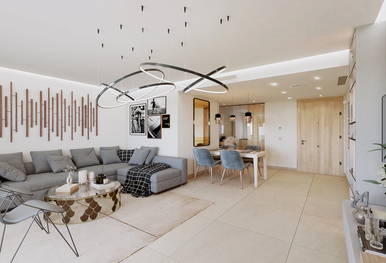 Elegant designade interiörer erbjuder komfort och stil, med vacker utsikt över det omgivande gröna landskapet.