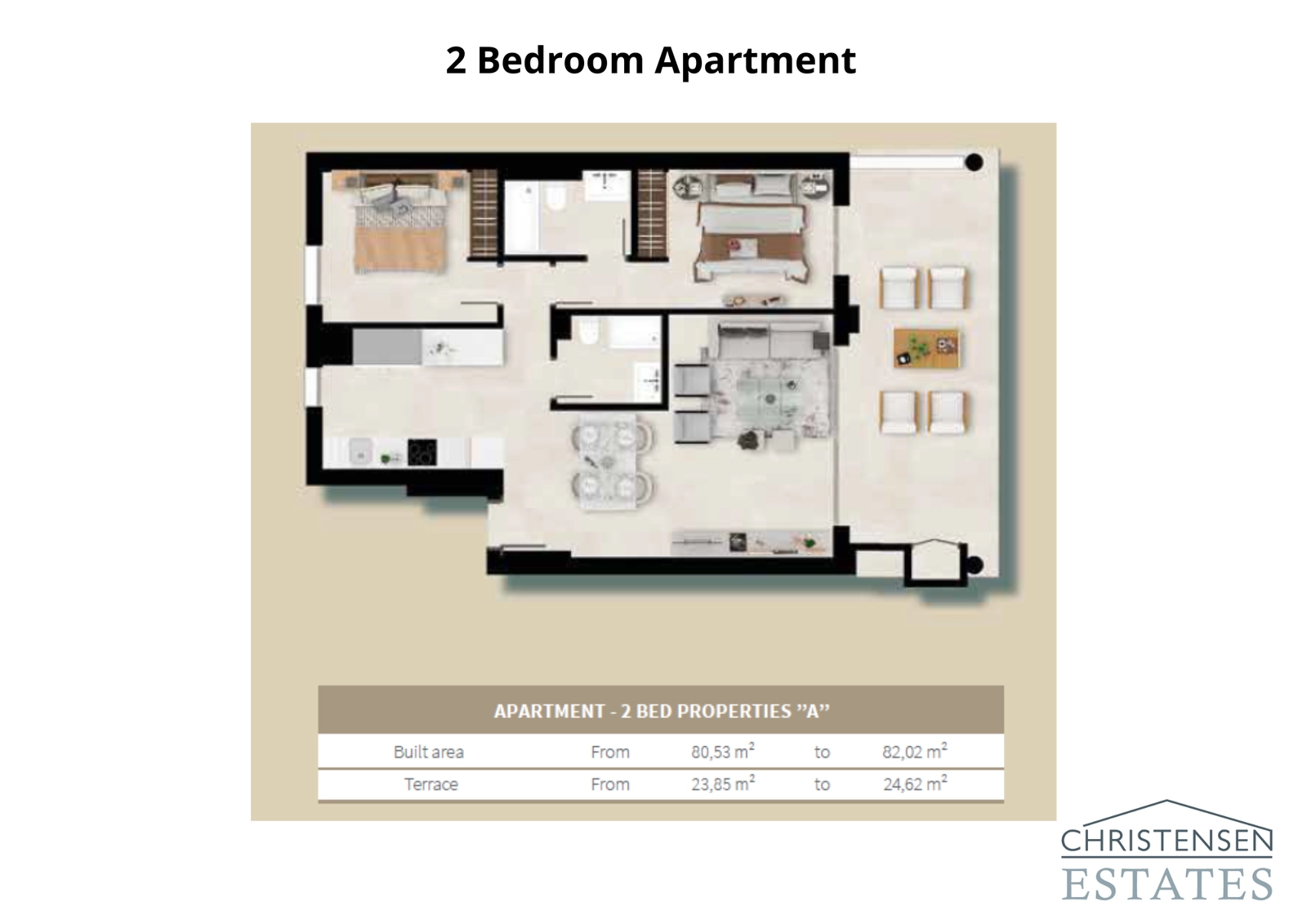 Denna lägenhetslayout med två sovrum erbjuder en praktisk och öppen design, som förbinder vardagsrumsdelen med en generös terrass, idealisk för att njuta av utomhuslivet.