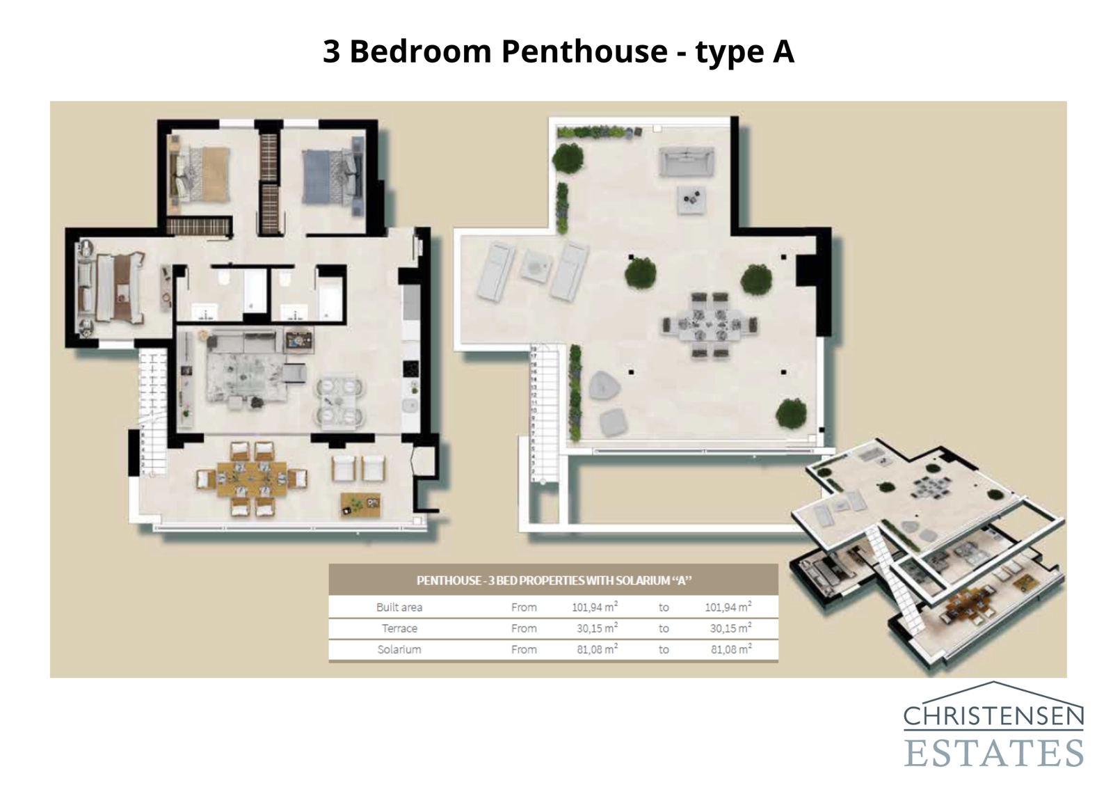 Utforska planlösningen för denna exceptionella takvåning med tre sovrum, komplett med ett stort solarium på taket för privat solbad och underhållning med panoramautsikt.