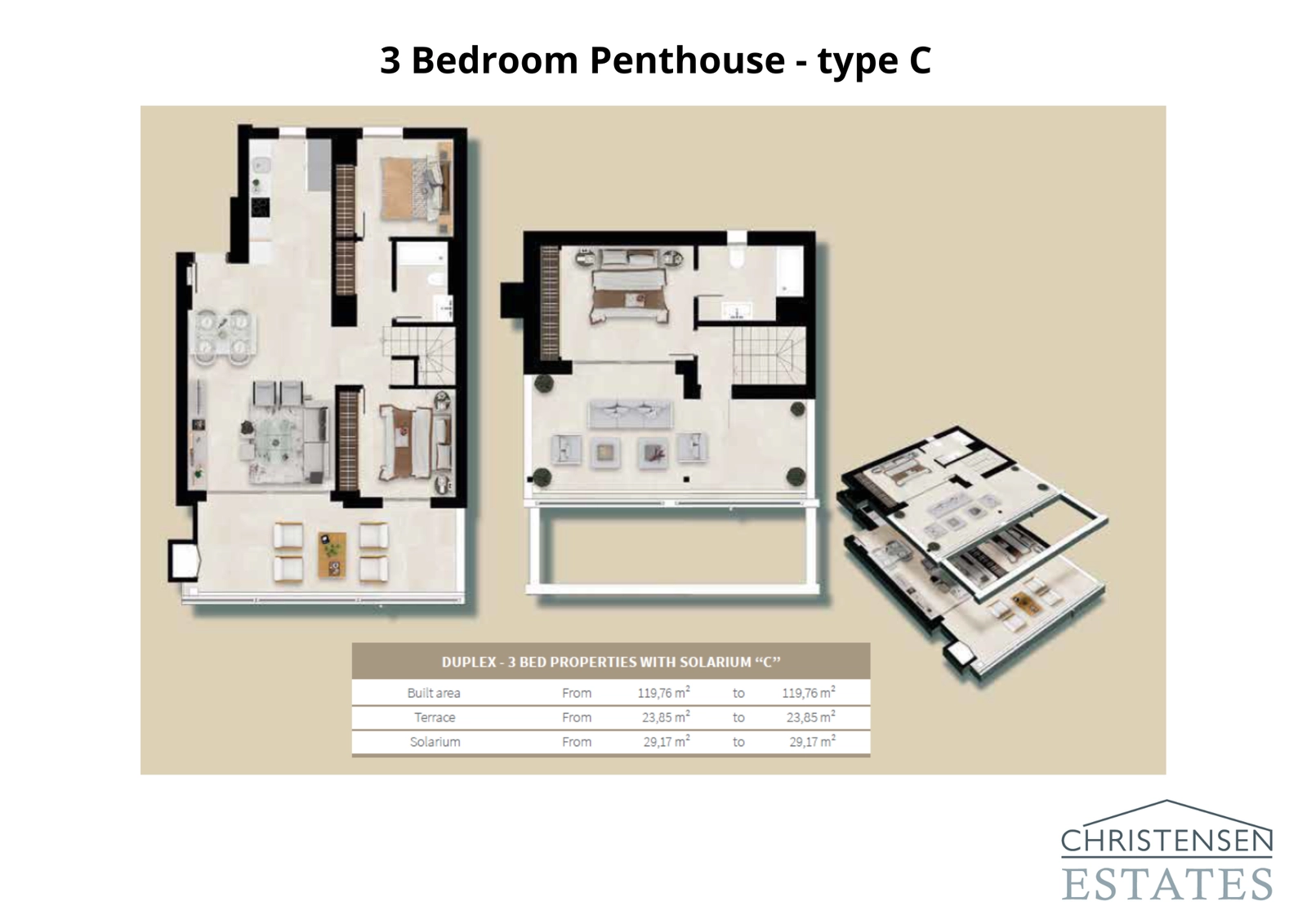 Denna design för en takvåning i två plan med tre sovrum erbjuder två nivåer av sofistikerat boende, krönt av ett privat solarium för en exklusiv livsstil.