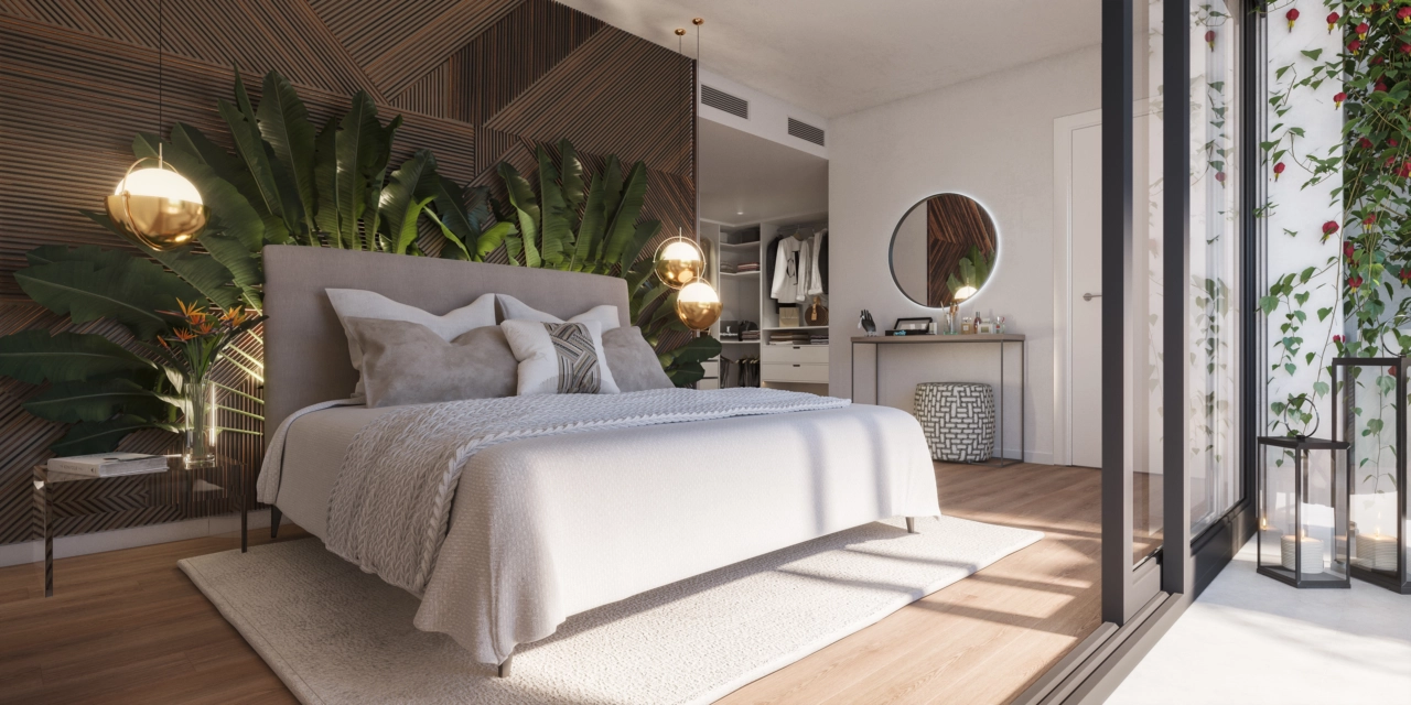 Master sovrummet är en fridfull tillflyktsort, med stilren design och direkt tillgång till utomhusutrymme.