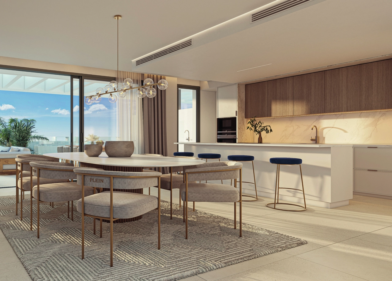 En öppen planlösning som kombinerar komfort och stil, med utgång till utomhusmiljön.