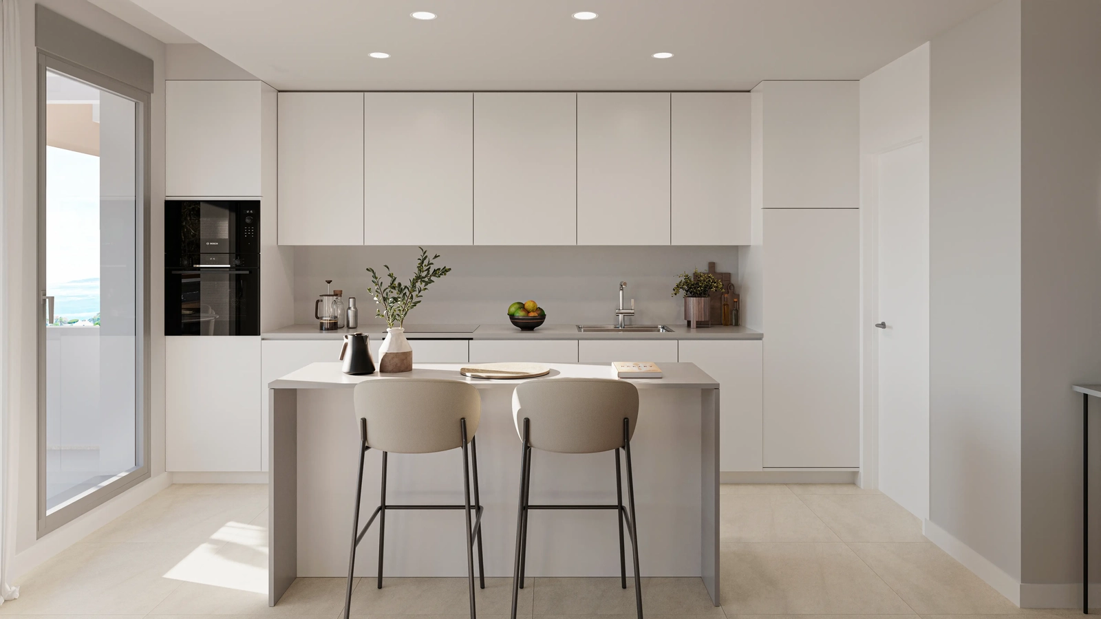 Modernt kök med högkvalitativa vitvaror och en praktisk köksö för informella måltider.
