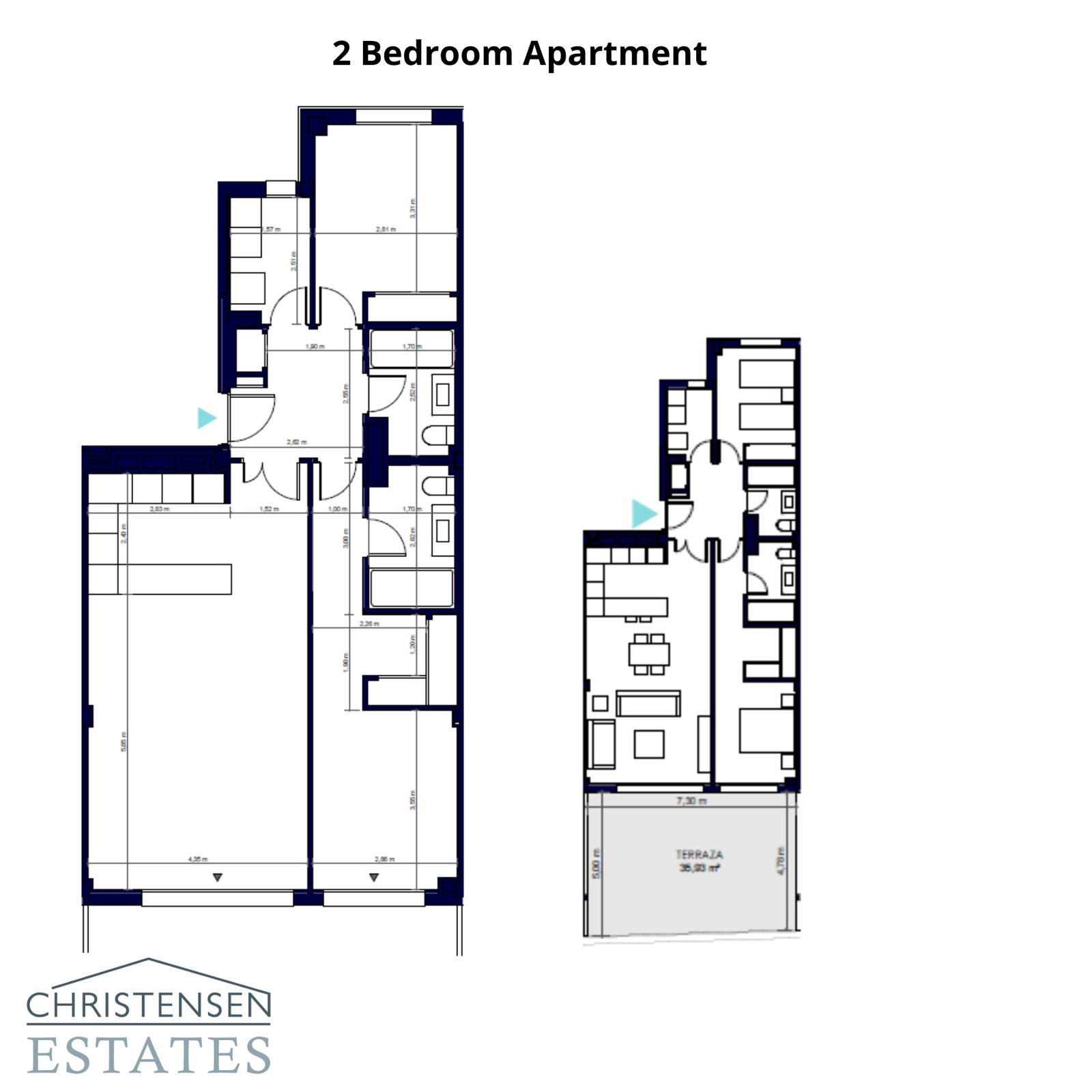 Planlösning för en tvårumslägenhet, som visar ett välfördelat och funktionellt boende.