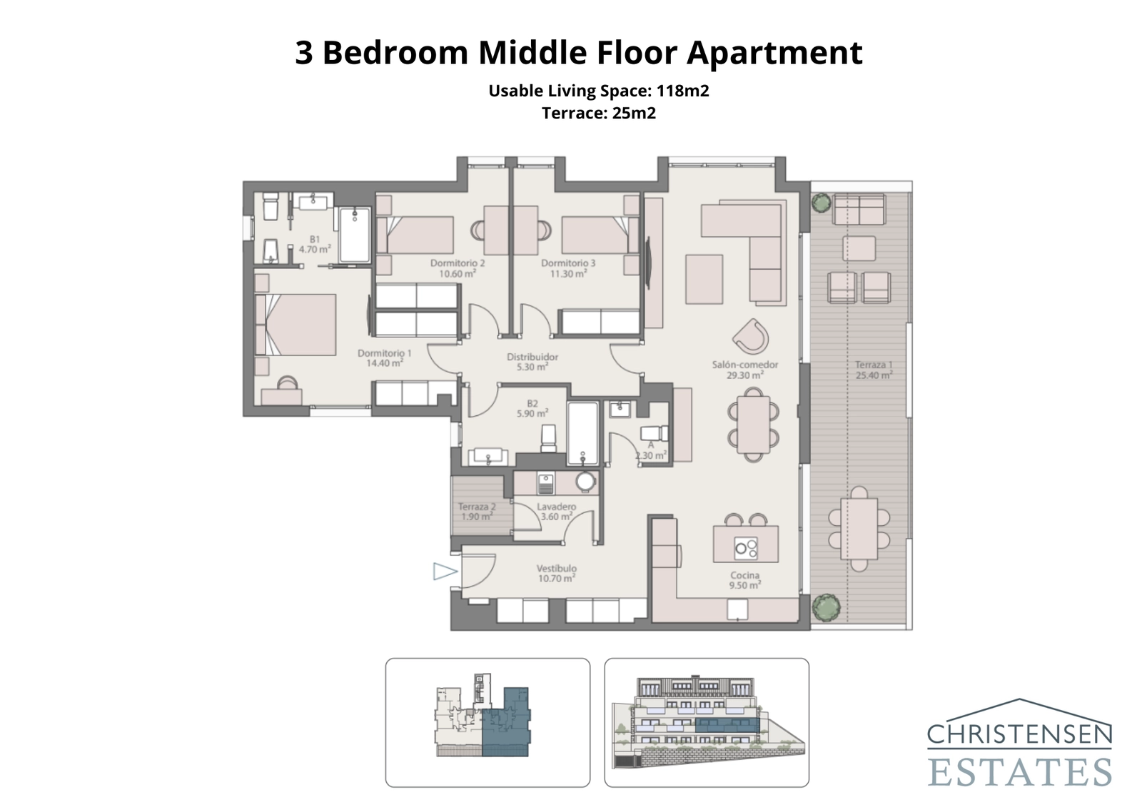 En rymlig lägenhetsplan med tre sovrum, med ett generöst vardagsrum och två terrasser för inomhus- och utomhusliv.