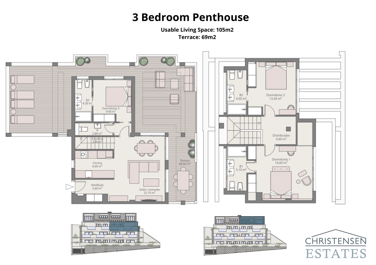 Den exceptionella planlösningen för etagelägenheten med tre sovrum, med omfattande terrasser för att njuta av panoramautsikten över Costa del Sol.