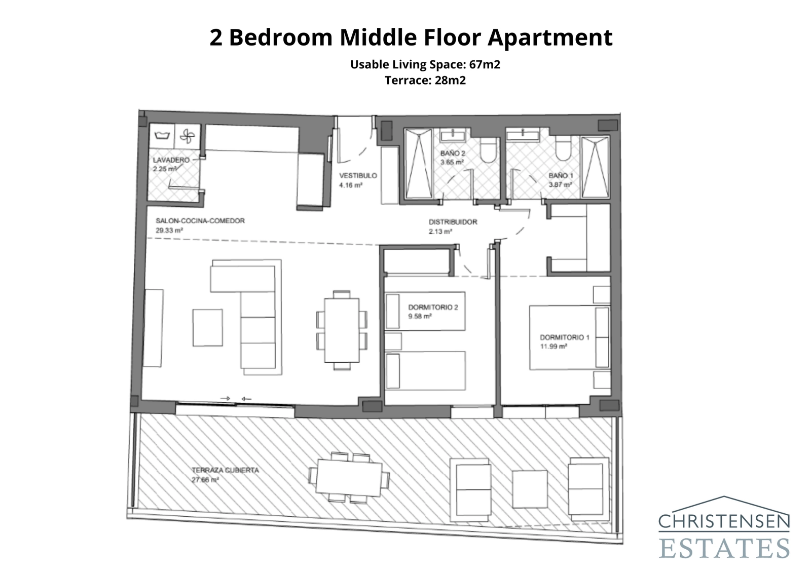 Denna planlösning för en tvårumslägenhet har en öppen planlösning för vardagsrum och kök som leder ut till en rymlig terrass, perfekt för inomhus- och utomhusliv.