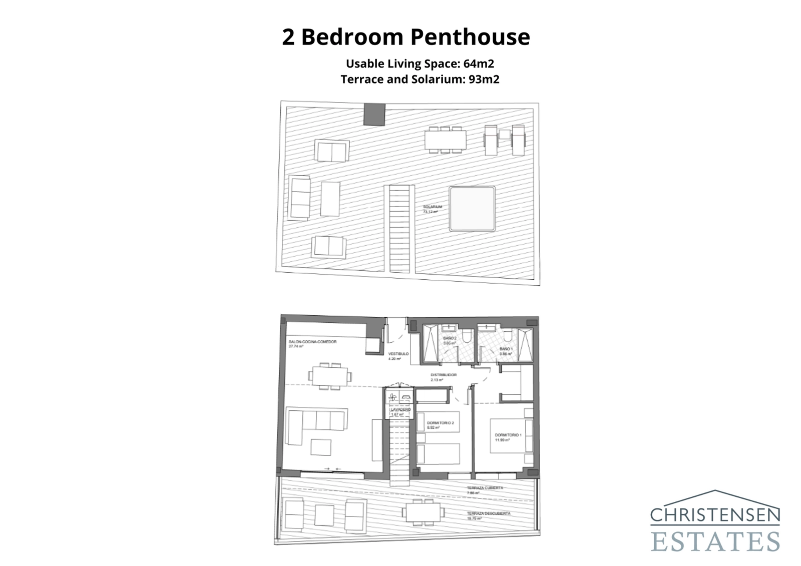 Planlösningen för en tvårumspenthouse, komplett med ett privat taksolarium, som erbjuder ett exklusivt utrymme med panoramautsikt.