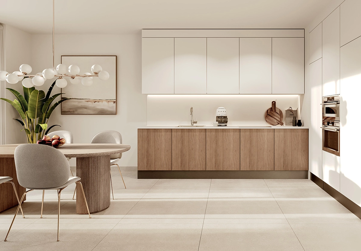 Stilrena kök med öppen planlösning är fullt utrustade med högkvalitativa vitvaror och ytskikt.