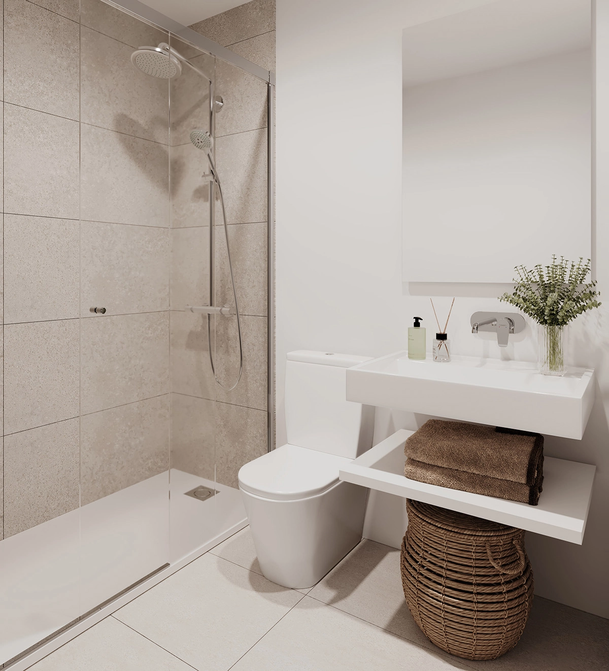 Eleganta badrum har modern design och högkvalitativa material för en spa-liknande känsla.