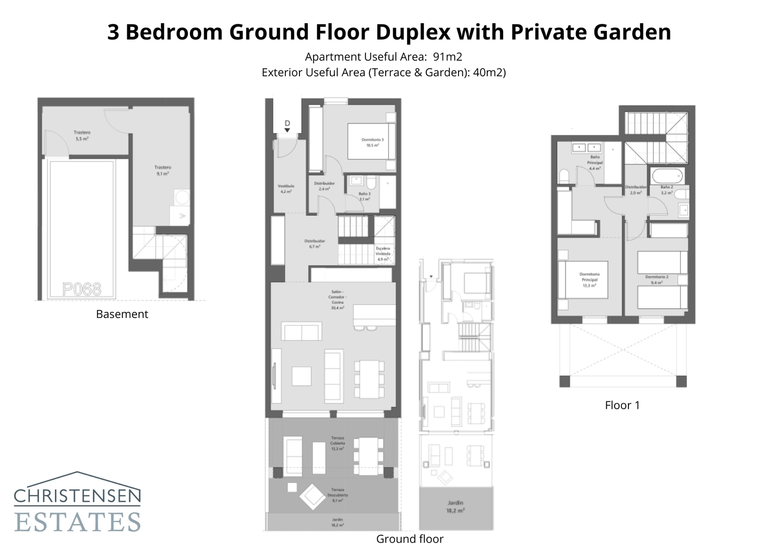 Denna trerums-duplexlayout erbjuder en rymlig boendeyta på bottenvåningen som ansluter till en privat trädgård och terrass, med sovrummen strategiskt placerade för avskildhet.