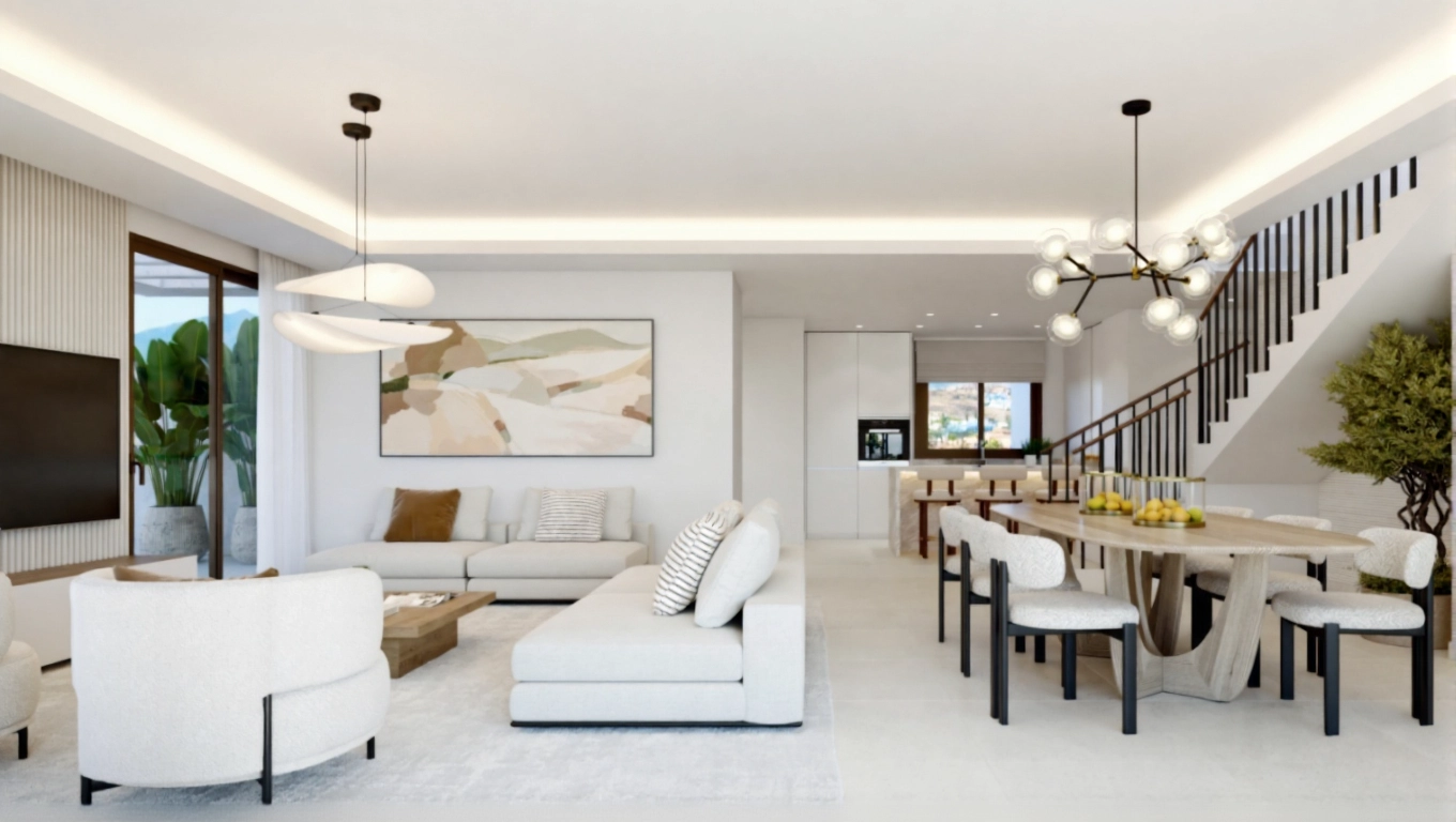 Eleganta interiörer kombinerar modern design med en varm, inbjudande atmosfär för avkoppling och umgänge.